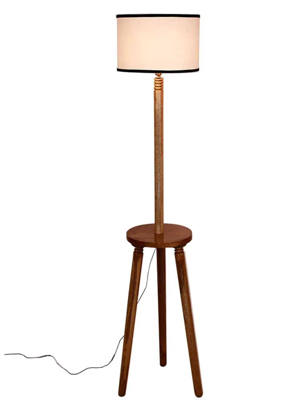 Premium Natural Wood Table Storage Floor Lamp With Cotton Shade MultiColour