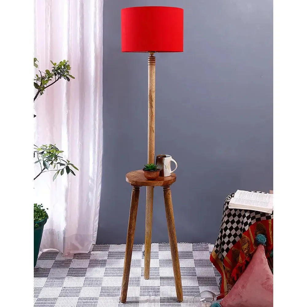 Premium Natural Wood Table Storage Floor Lamp With Cotton Shade MultiColour