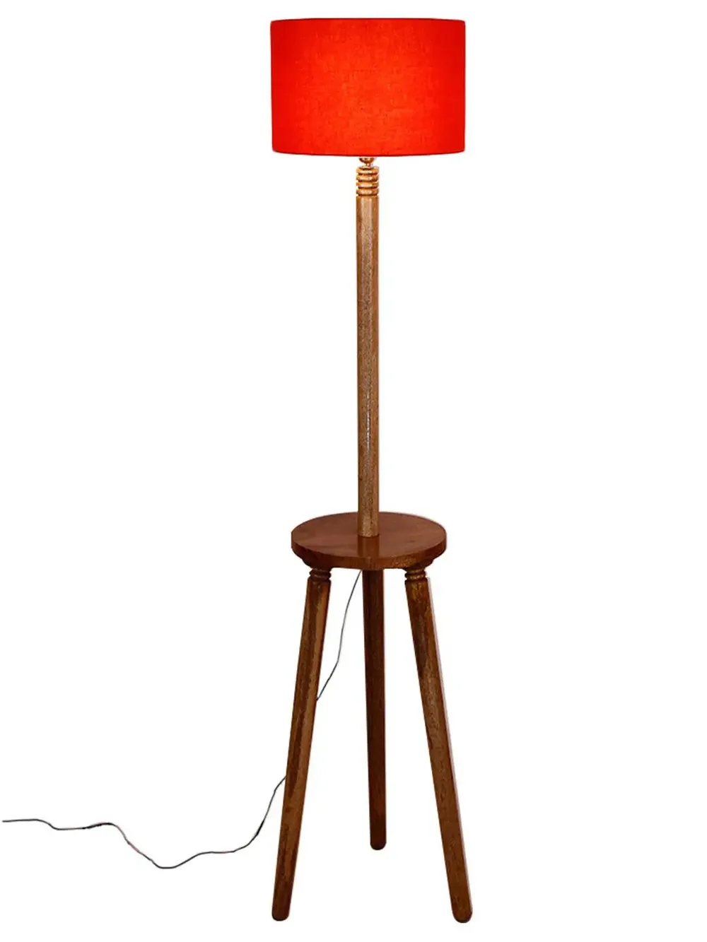 Premium Natural Wood Table Storage Floor Lamp With Cotton Shade MultiColour