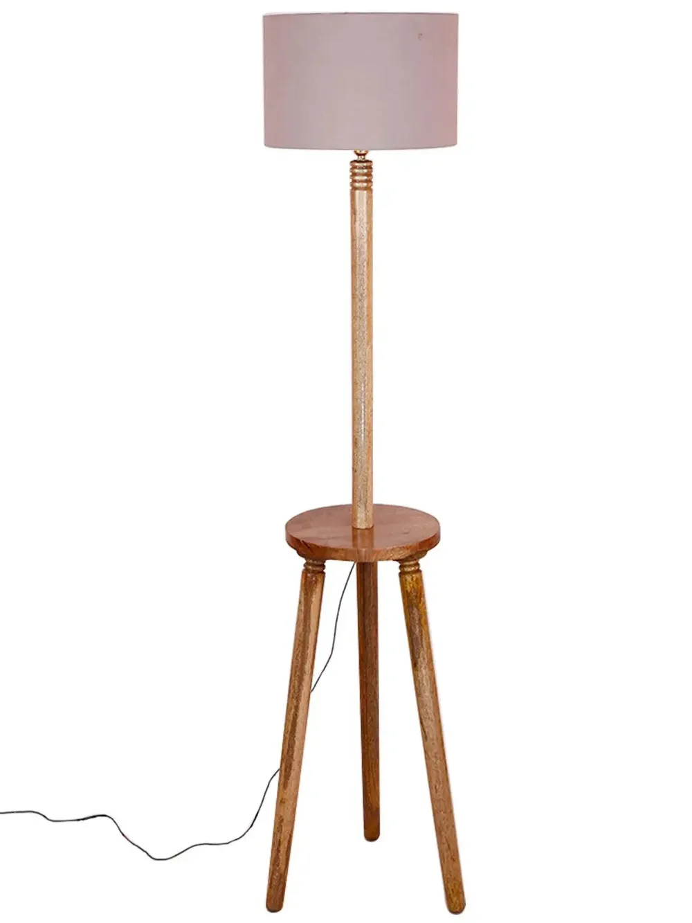 Premium Natural Wood Table Storage Floor Lamp With Cotton Shade MultiColour