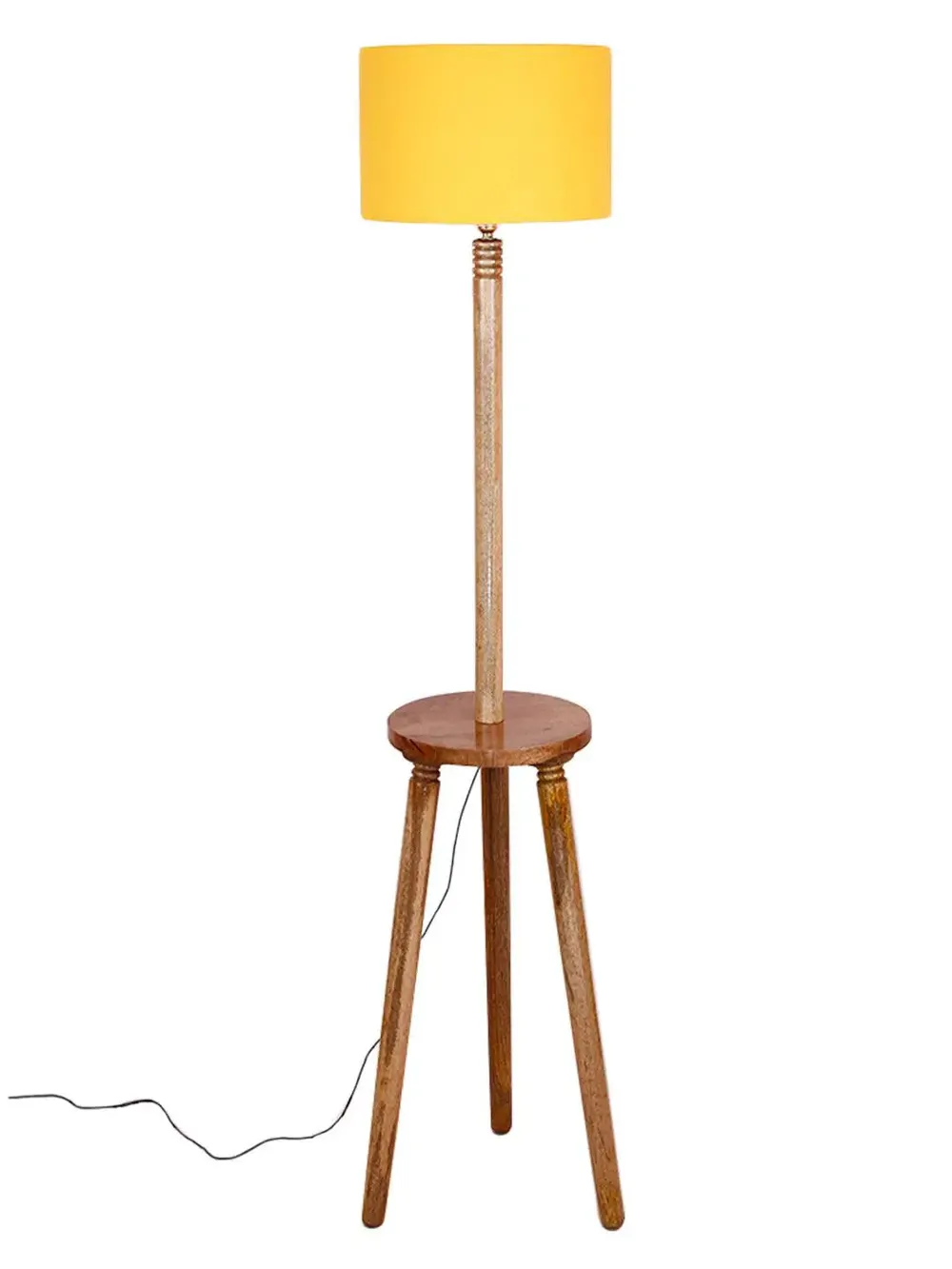 Premium Natural Wood Table Storage Floor Lamp With Cotton Shade MultiColour