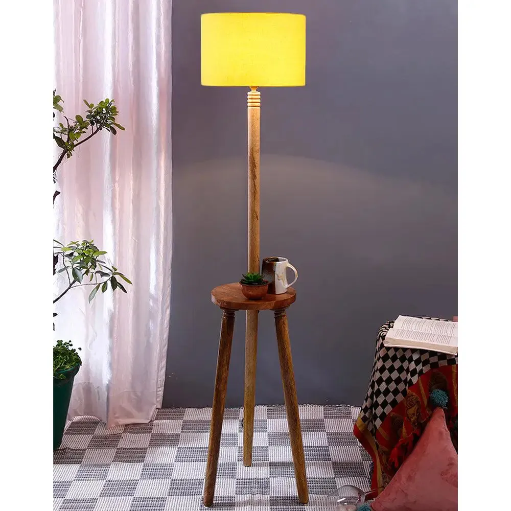 Premium Natural Wood Table Storage Floor Lamp With Cotton Shade MultiColour
