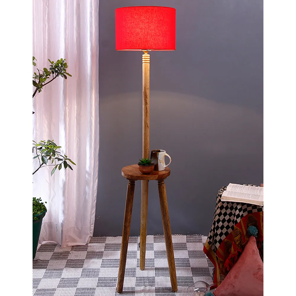 Premium Natural Wood Table Storage Floor Lamp With Cotton Shade MultiColour