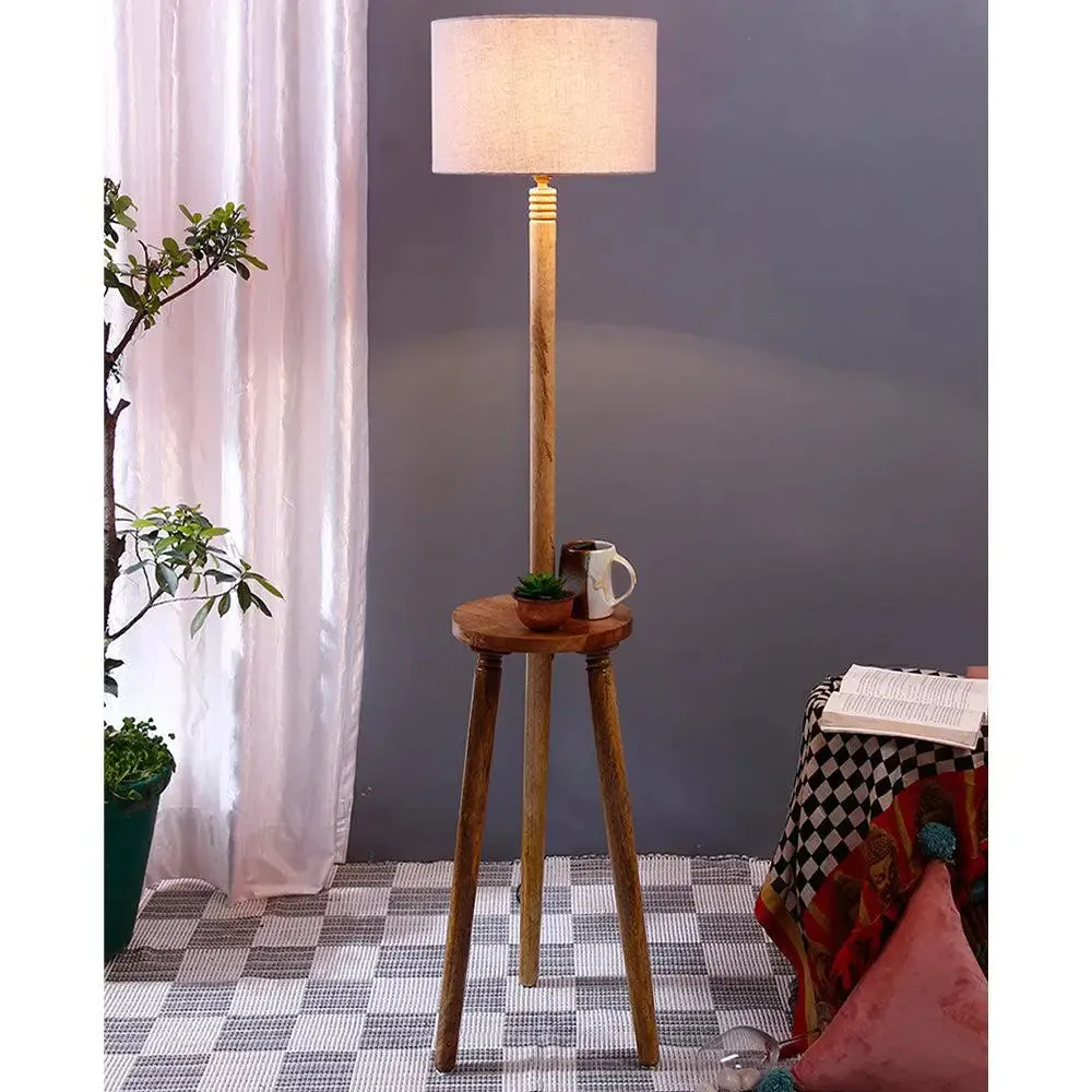 Premium Natural Wood Table Storage Floor Lamp With Cotton Shade MultiColour