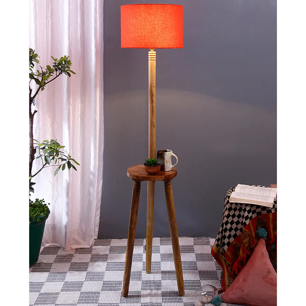 Premium Natural Wood Table Storage Floor Lamp With Cotton Shade MultiColour
