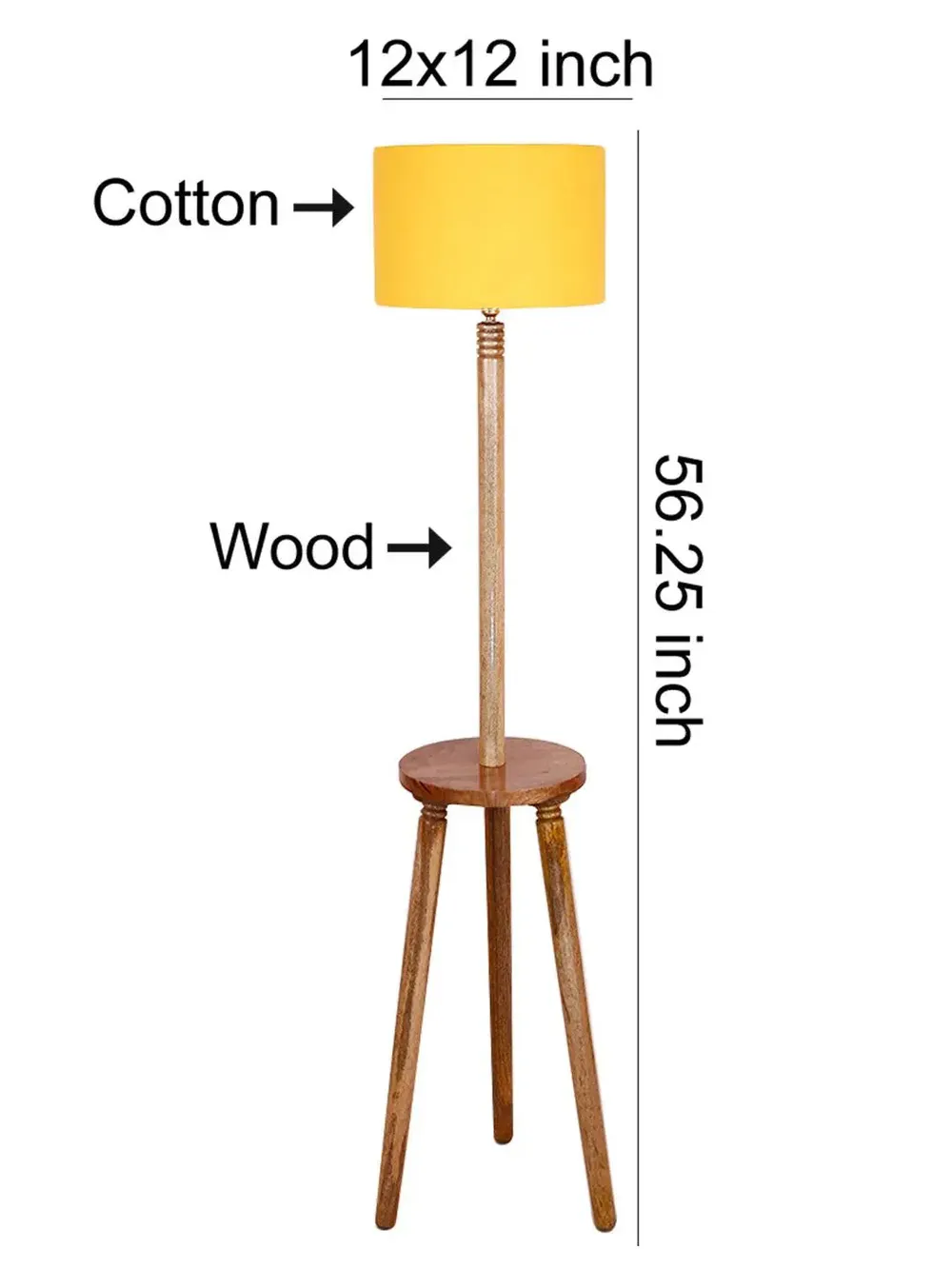 Premium Natural Wood Table Storage Floor Lamp With Cotton Shade MultiColour