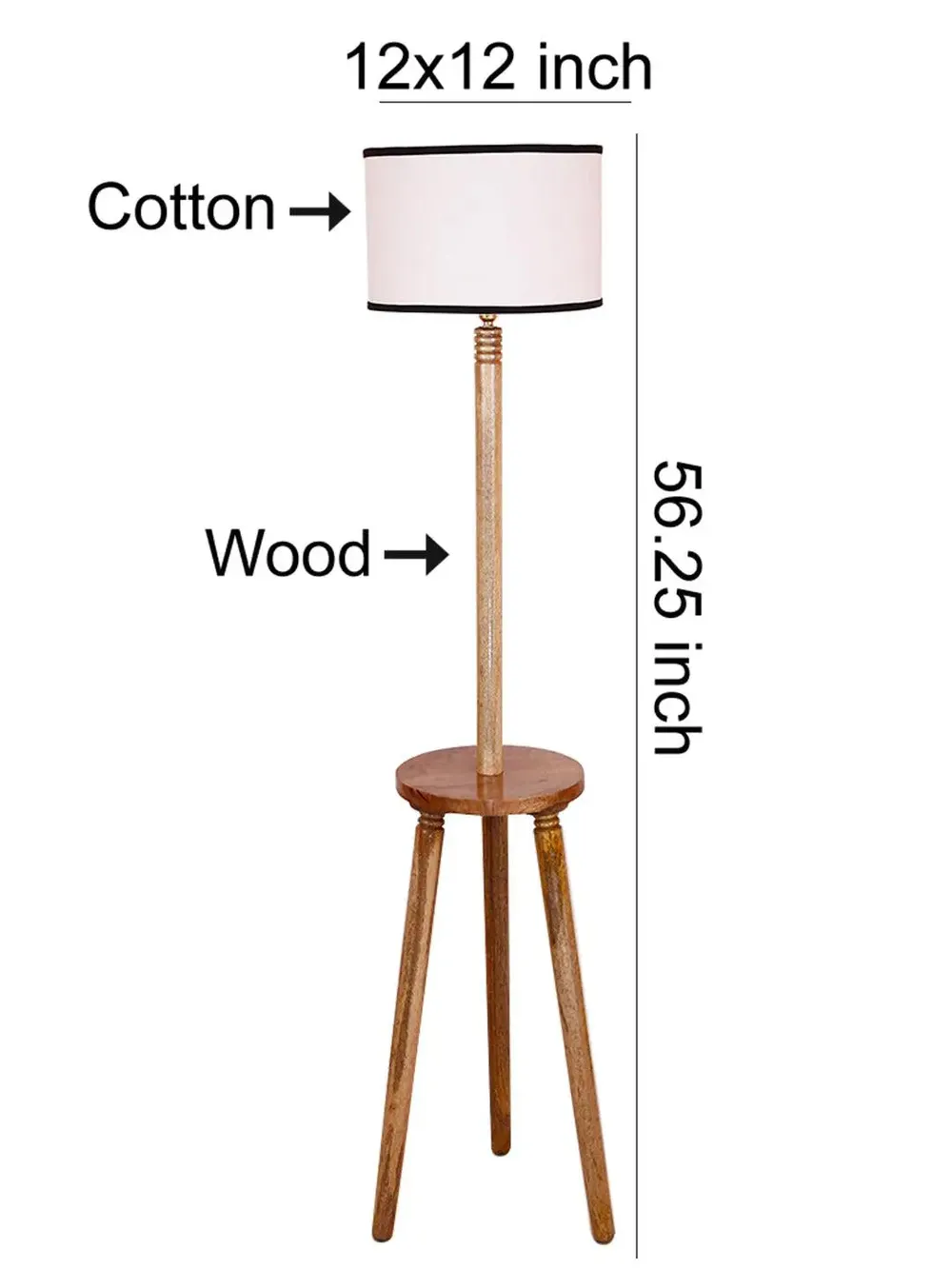 Premium Natural Wood Table Storage Floor Lamp With Cotton Shade MultiColour