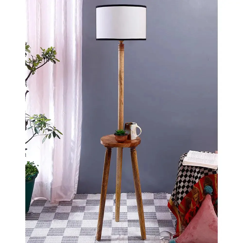 Premium Natural Wood Table Storage Floor Lamp With Cotton Shade MultiColour