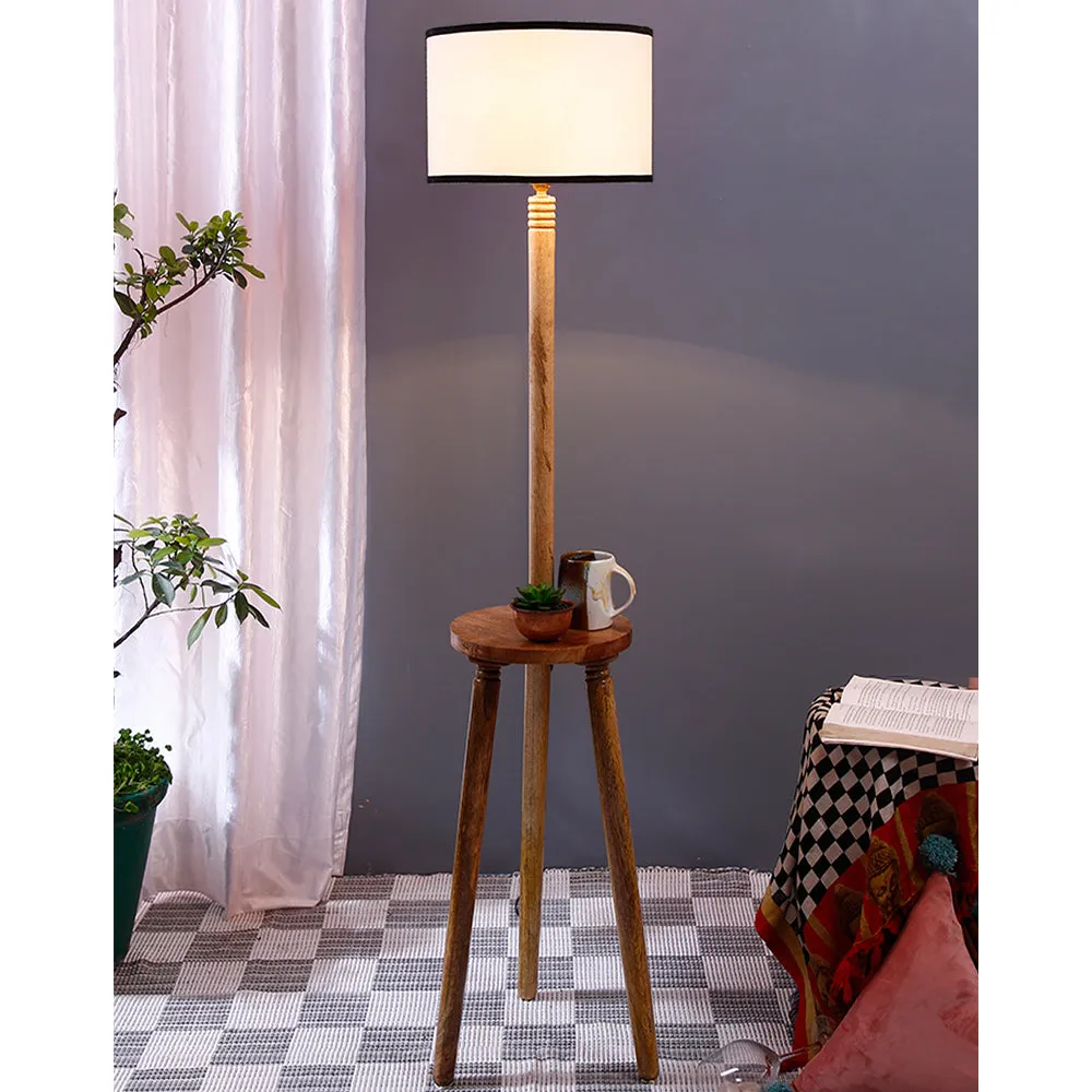Premium Natural Wood Table Storage Floor Lamp With Cotton Shade MultiColour