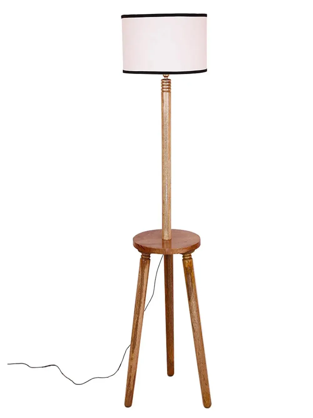 Premium Natural Wood Table Storage Floor Lamp With Cotton Shade MultiColour