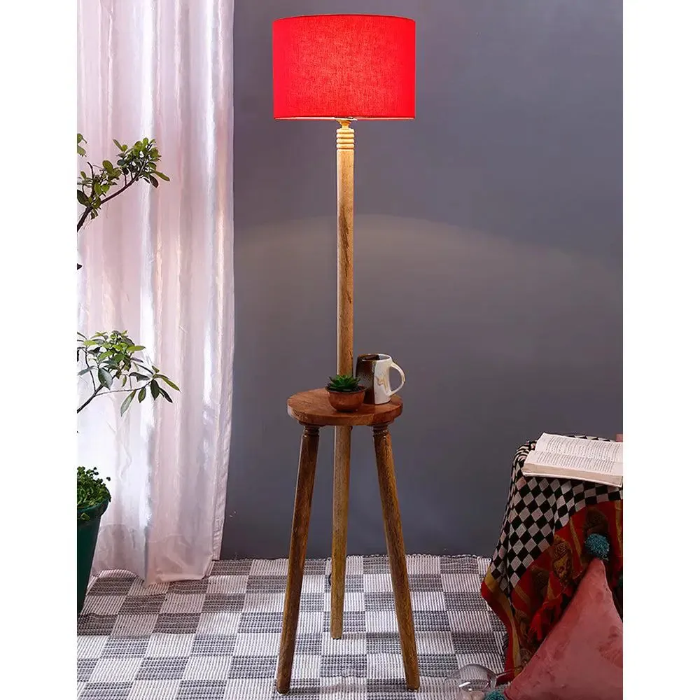 Premium Natural Wood Table Storage Floor Lamp With Cotton Shade MultiColour