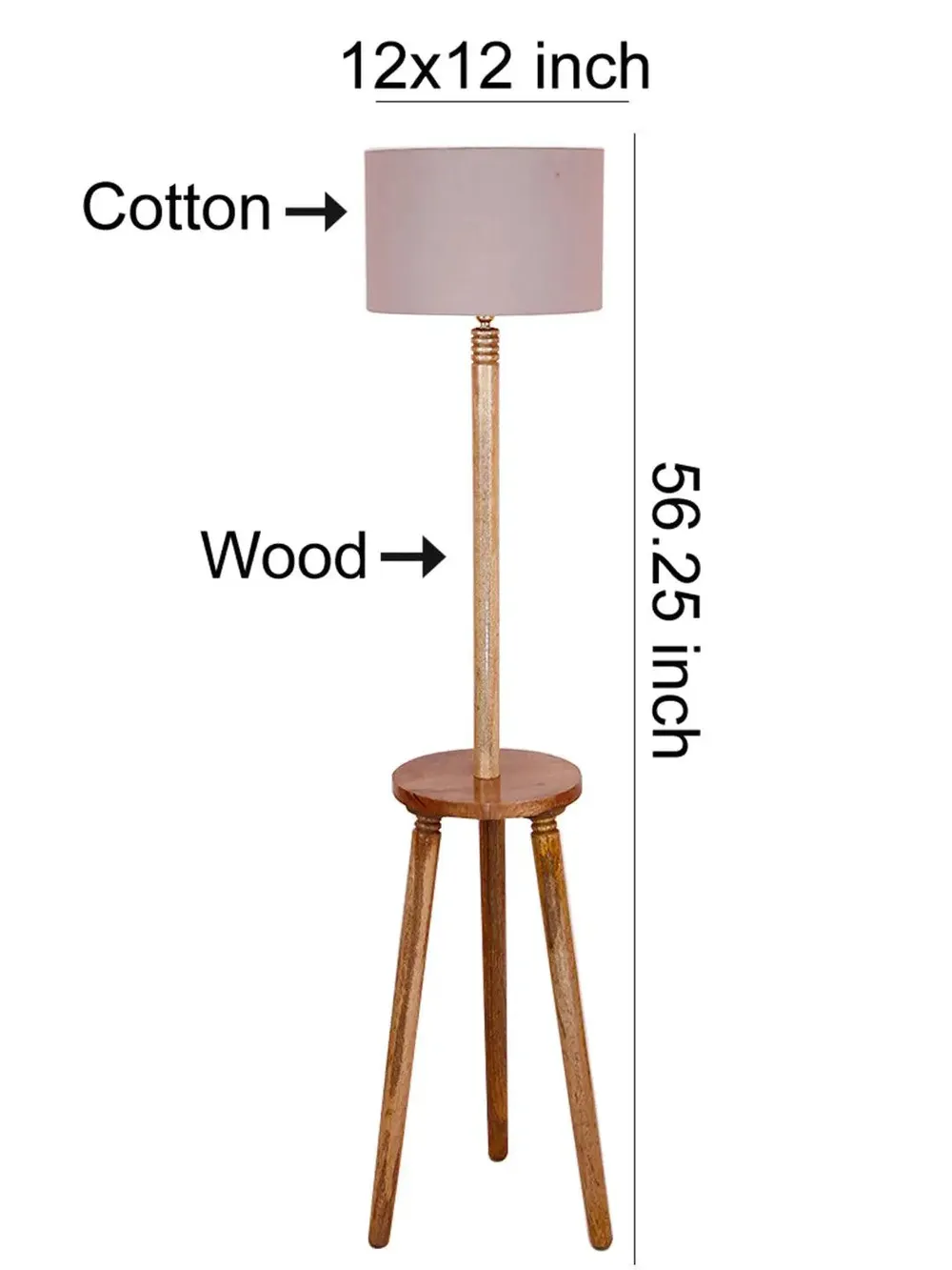Premium Natural Wood Table Storage Floor Lamp With Cotton Shade MultiColour