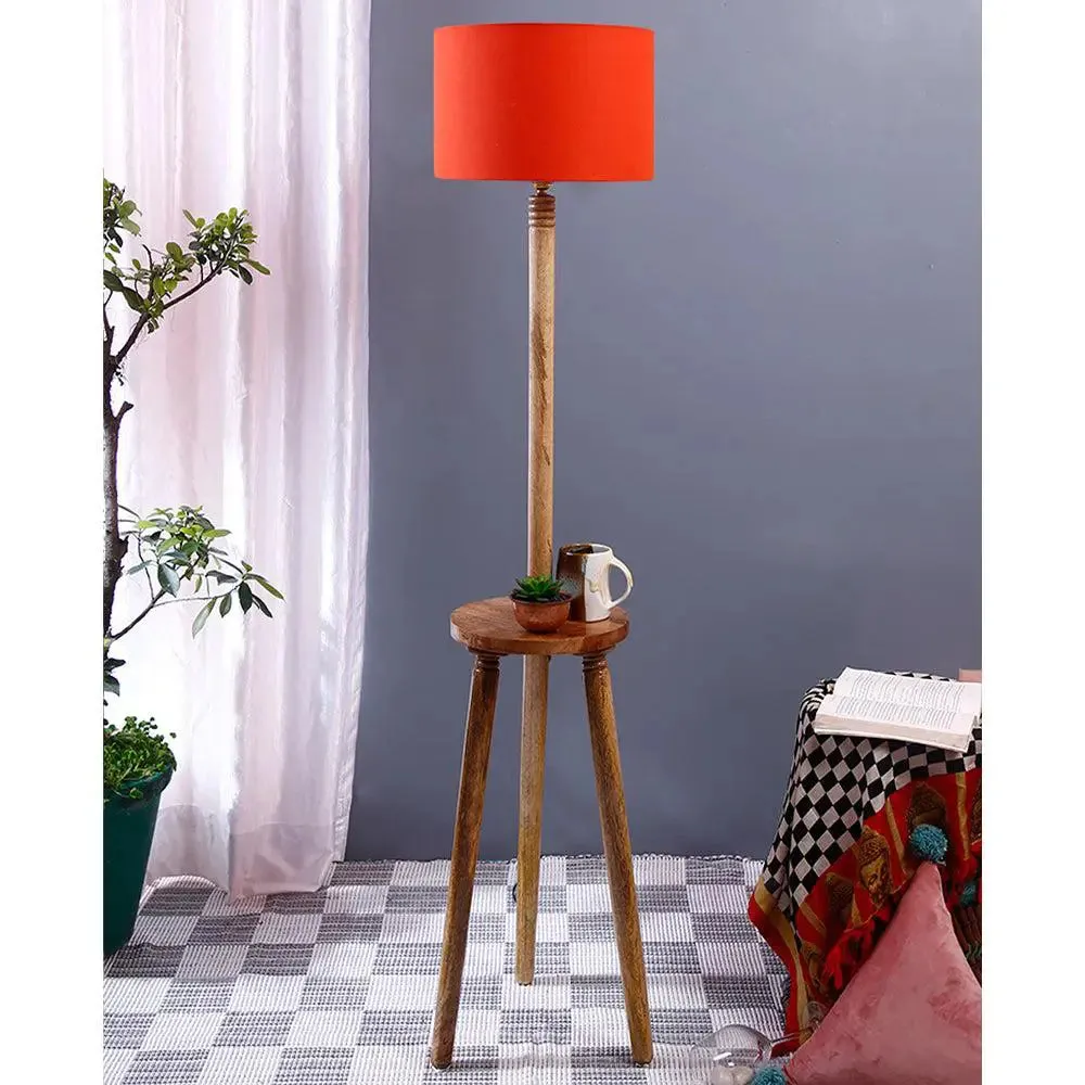 Premium Natural Wood Table Storage Floor Lamp With Cotton Shade MultiColour