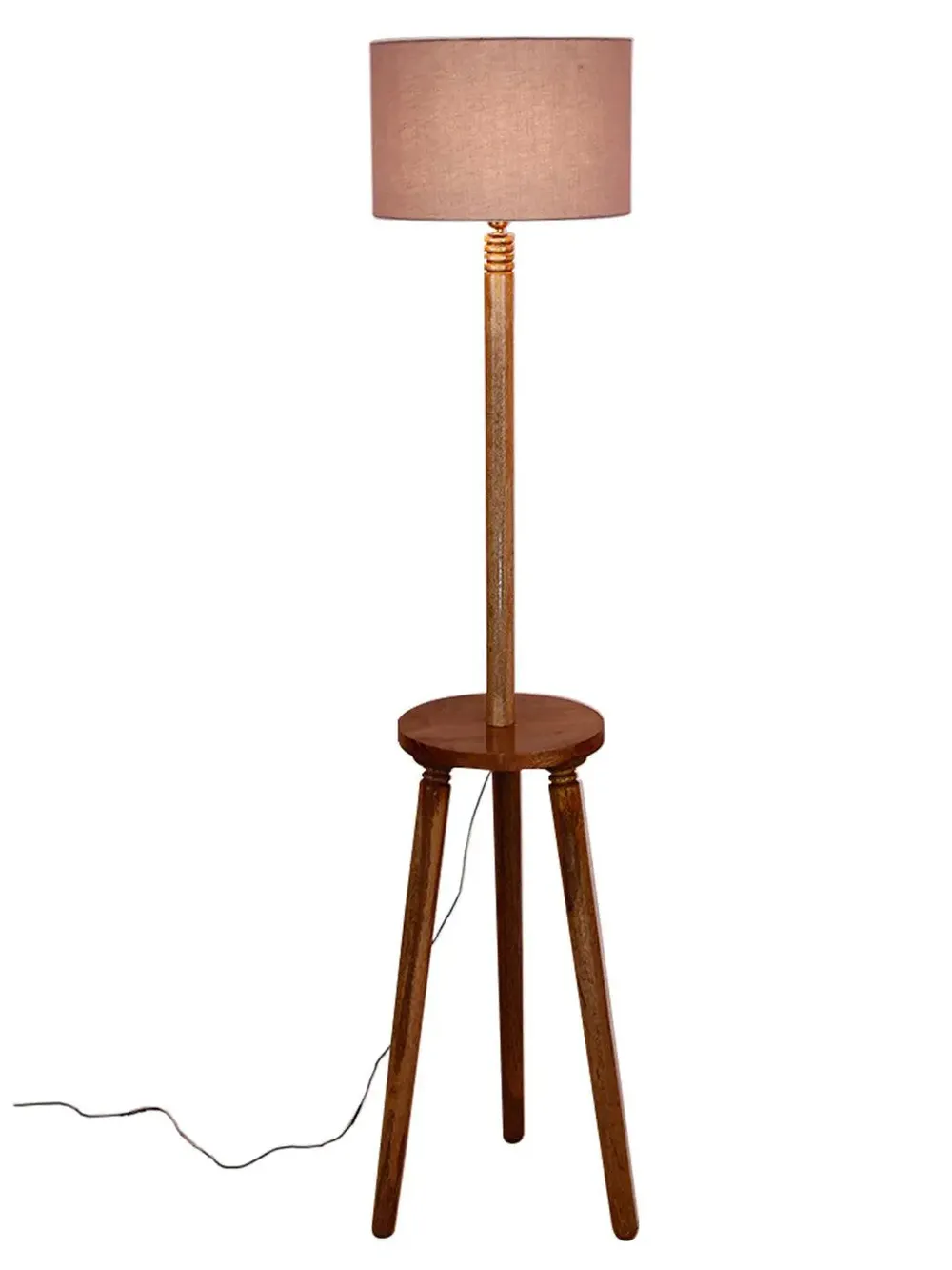 Premium Natural Wood Table Storage Floor Lamp With Cotton Shade MultiColour