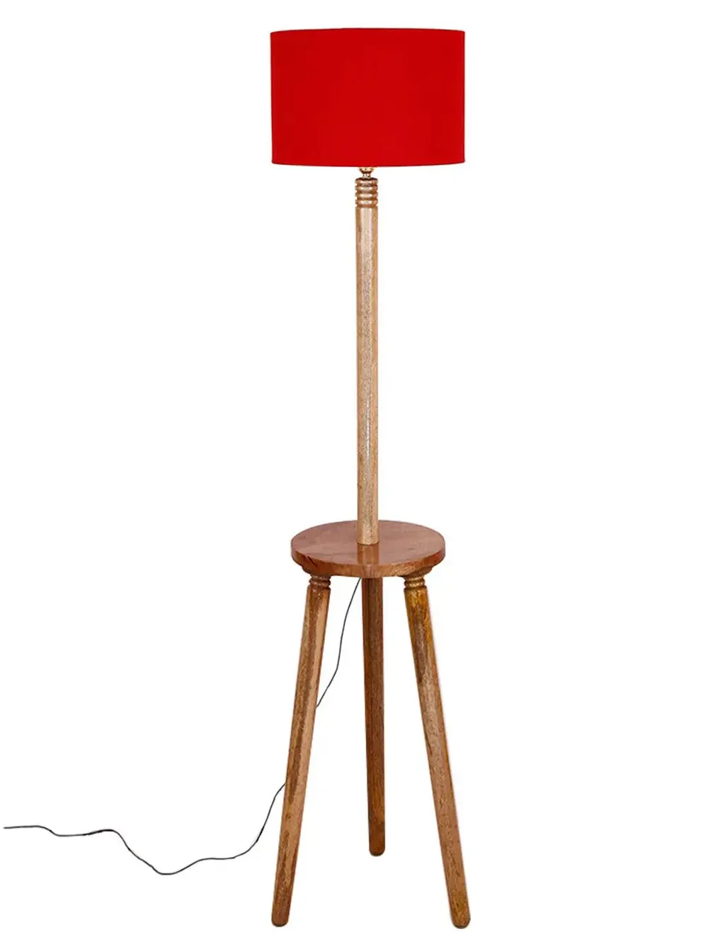Premium Natural Wood Table Storage Floor Lamp With Cotton Shade MultiColour