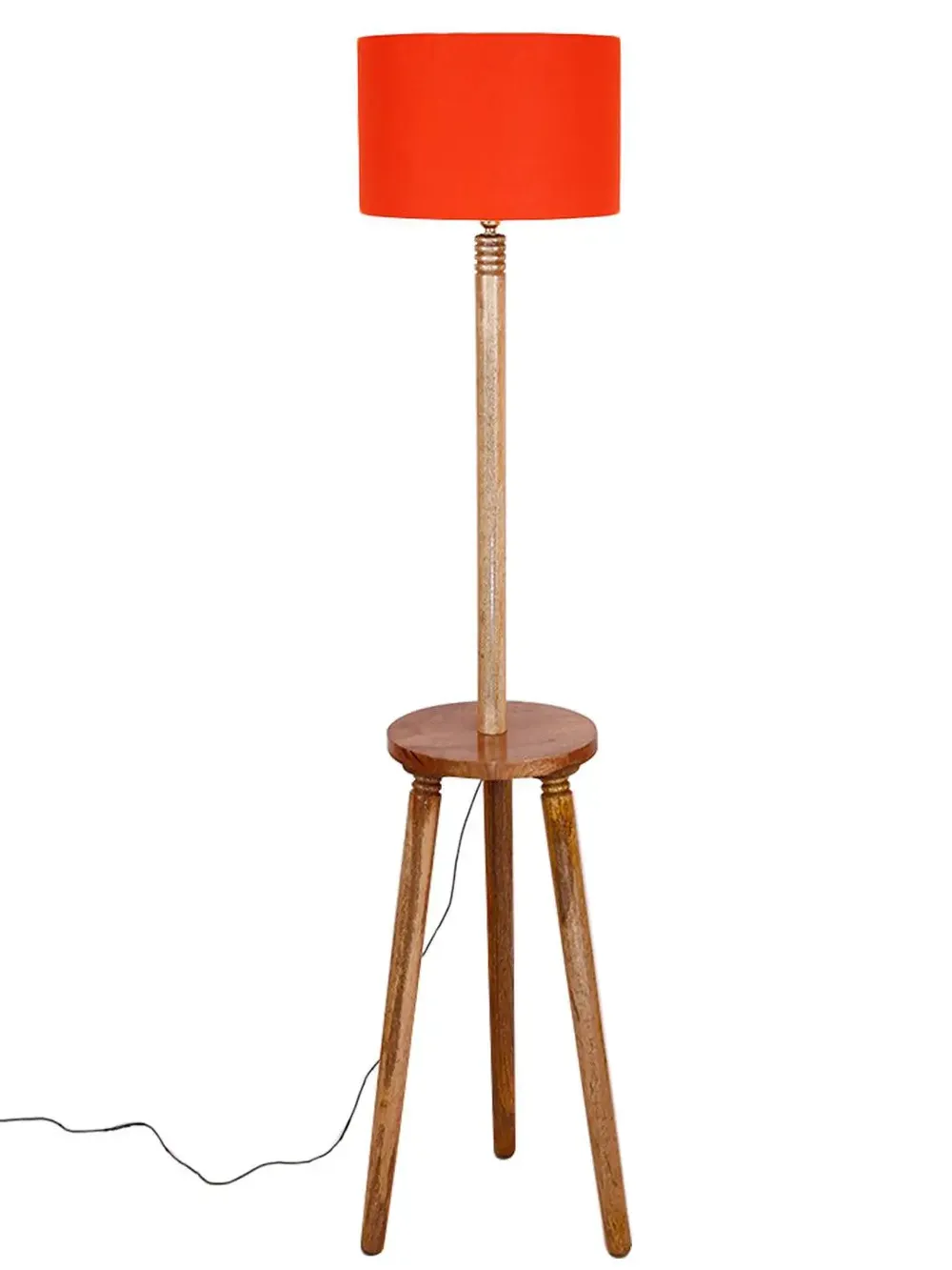 Premium Natural Wood Table Storage Floor Lamp With Cotton Shade MultiColour
