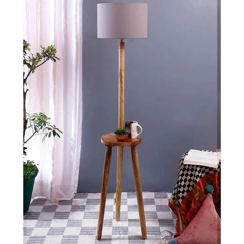 Premium Natural Wood Table Storage Floor Lamp With Cotton Shade MultiColour
