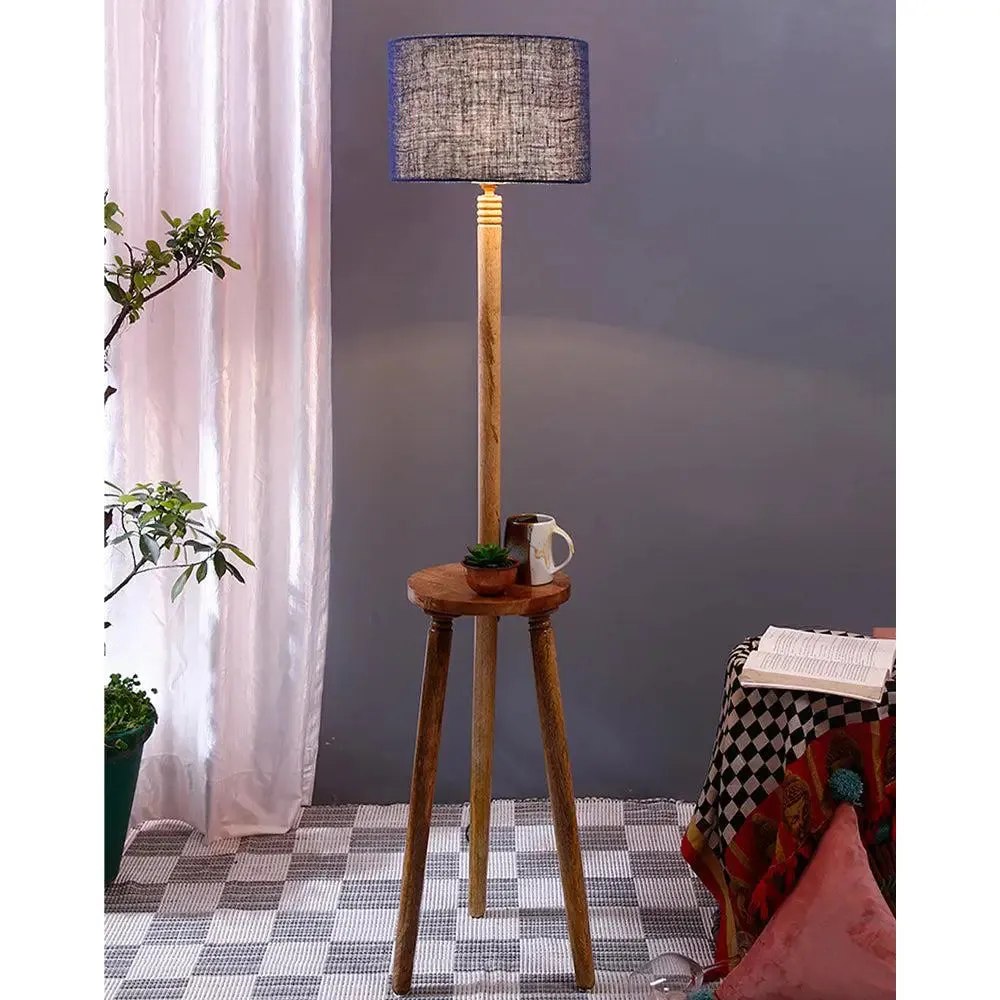 Premium Natural Wood Table Storage Floor Lamp With Drum Shade Blue