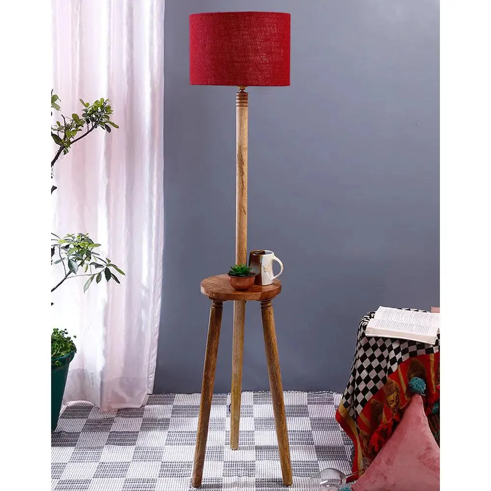 Premium Natural Wood Table Storage Floor Lamp With Drum Shade Blue
