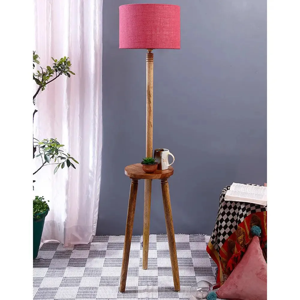 Premium Natural Wood Table Storage Floor Lamp With Drum Shade Blue