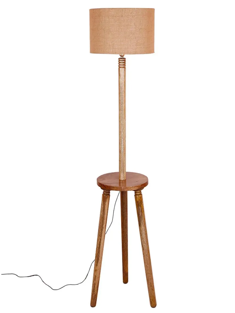 Premium Natural Wood Table Storage Floor Lamp With Drum Shade Blue