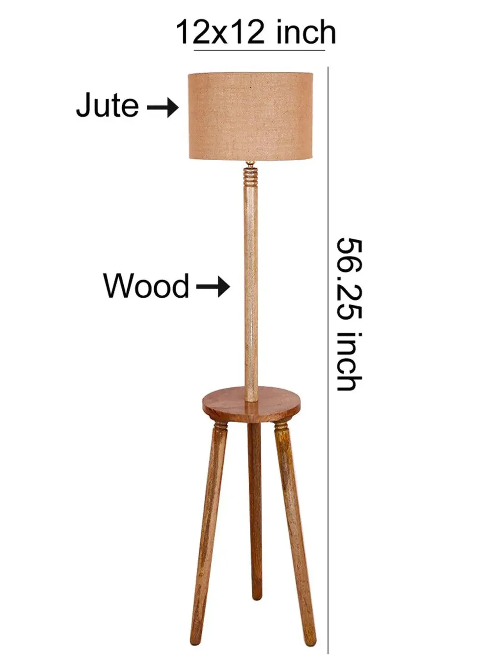 Premium Natural Wood Table Storage Floor Lamp With Drum Shade Blue