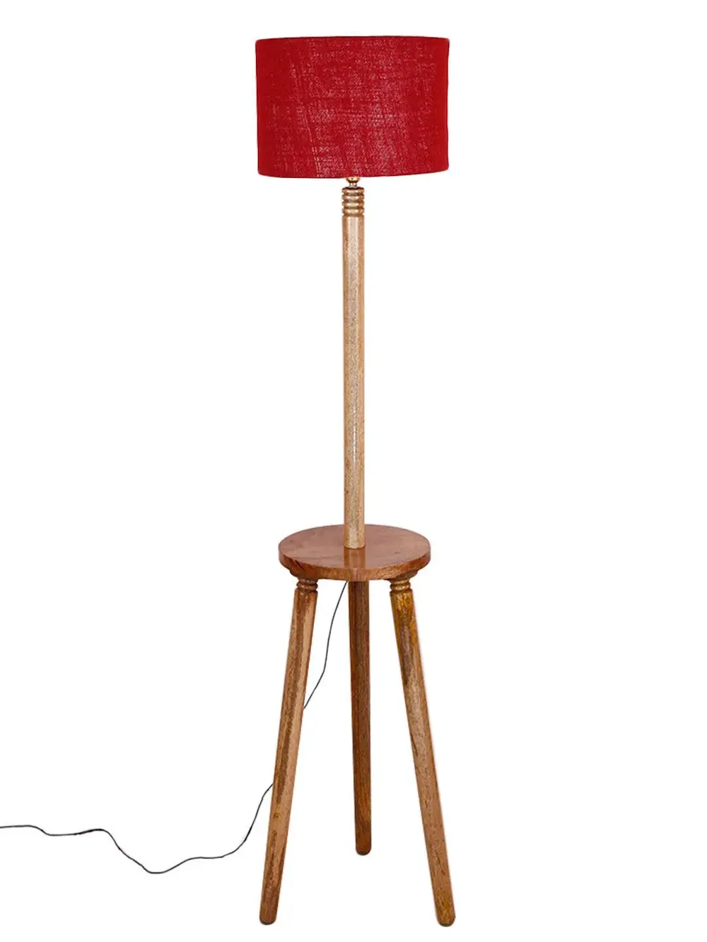 Premium Natural Wood Table Storage Floor Lamp With Drum Shade Blue