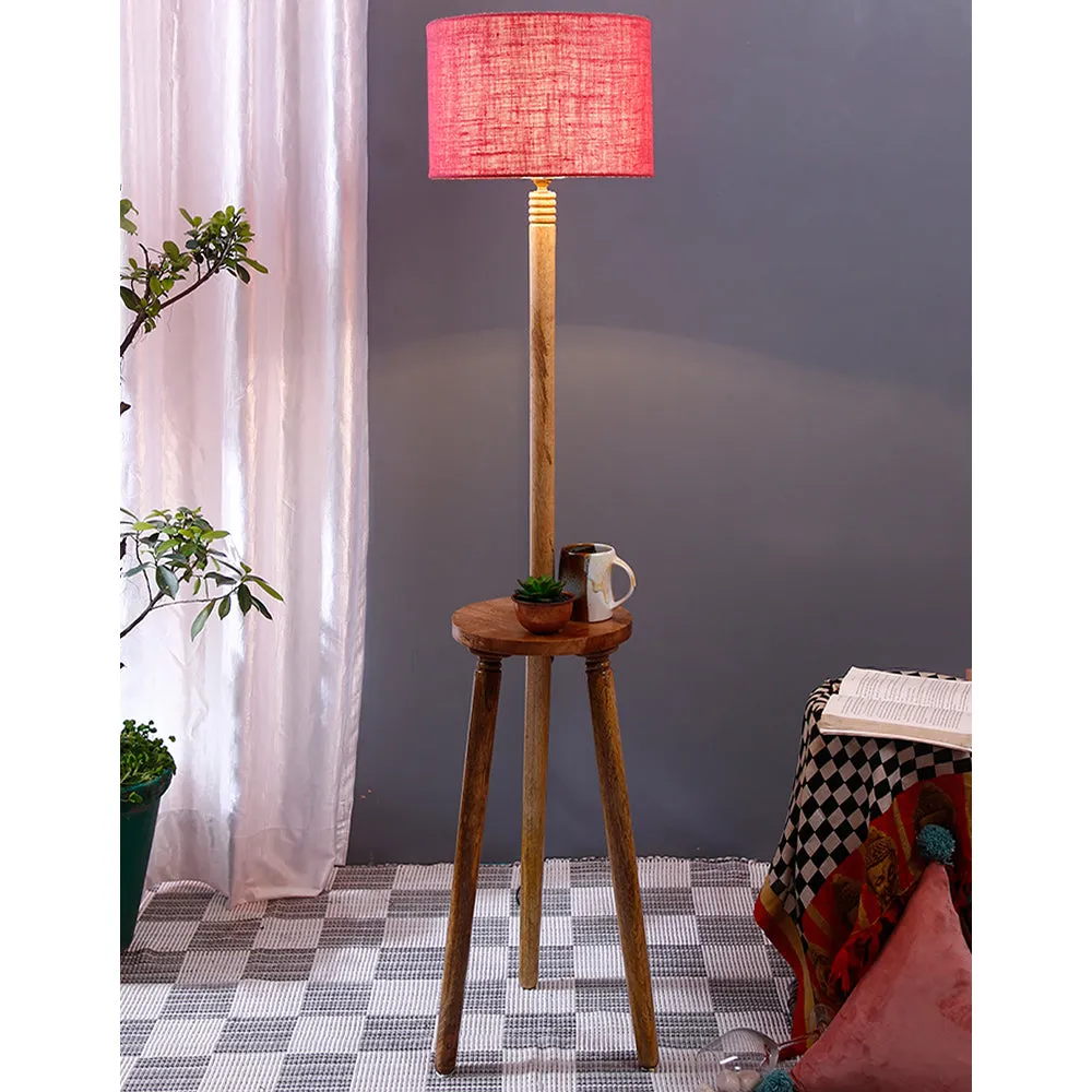 Premium Natural Wood Table Storage Floor Lamp With Drum Shade Blue