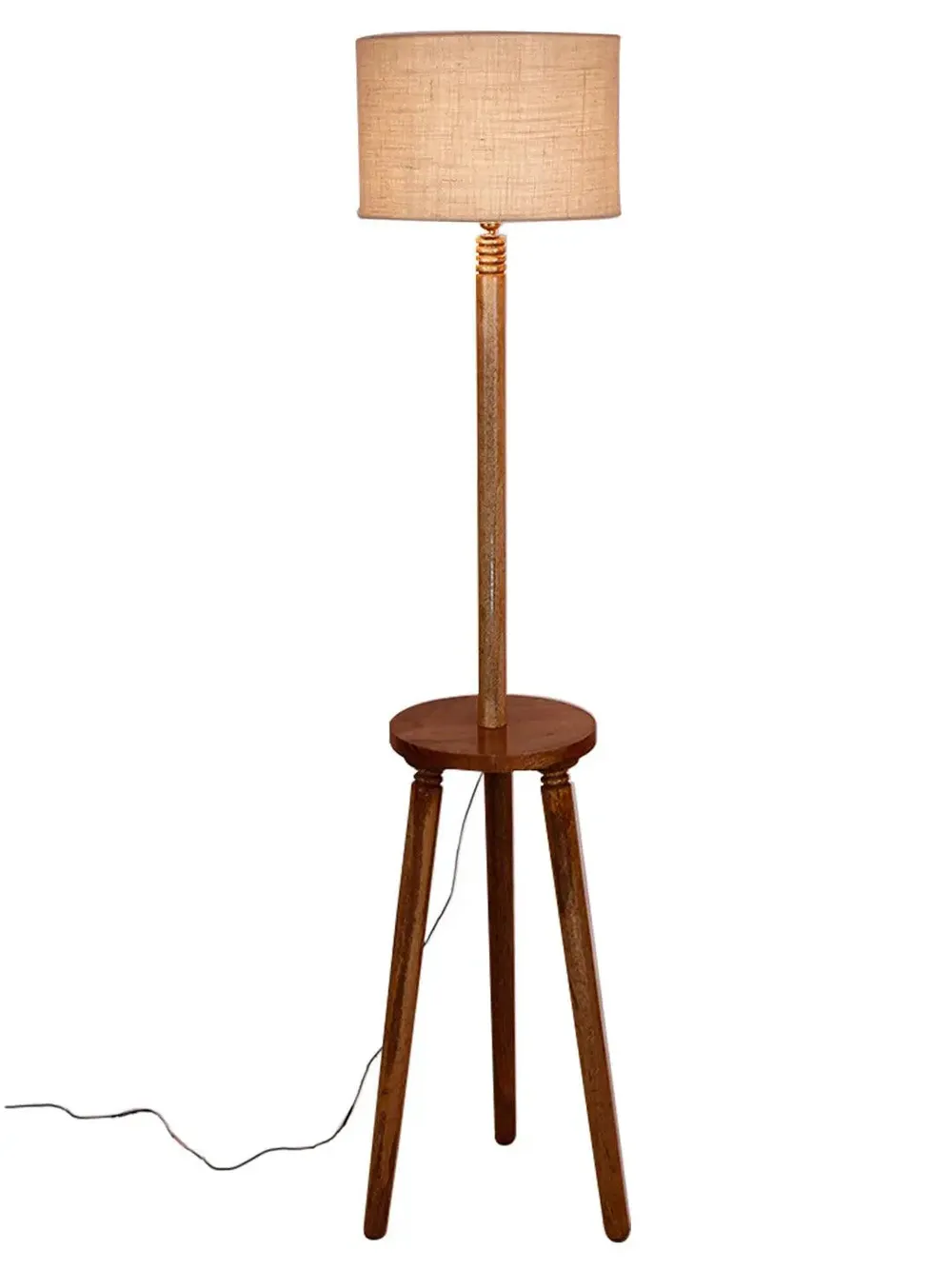 Premium Natural Wood Table Storage Floor Lamp With Drum Shade Blue