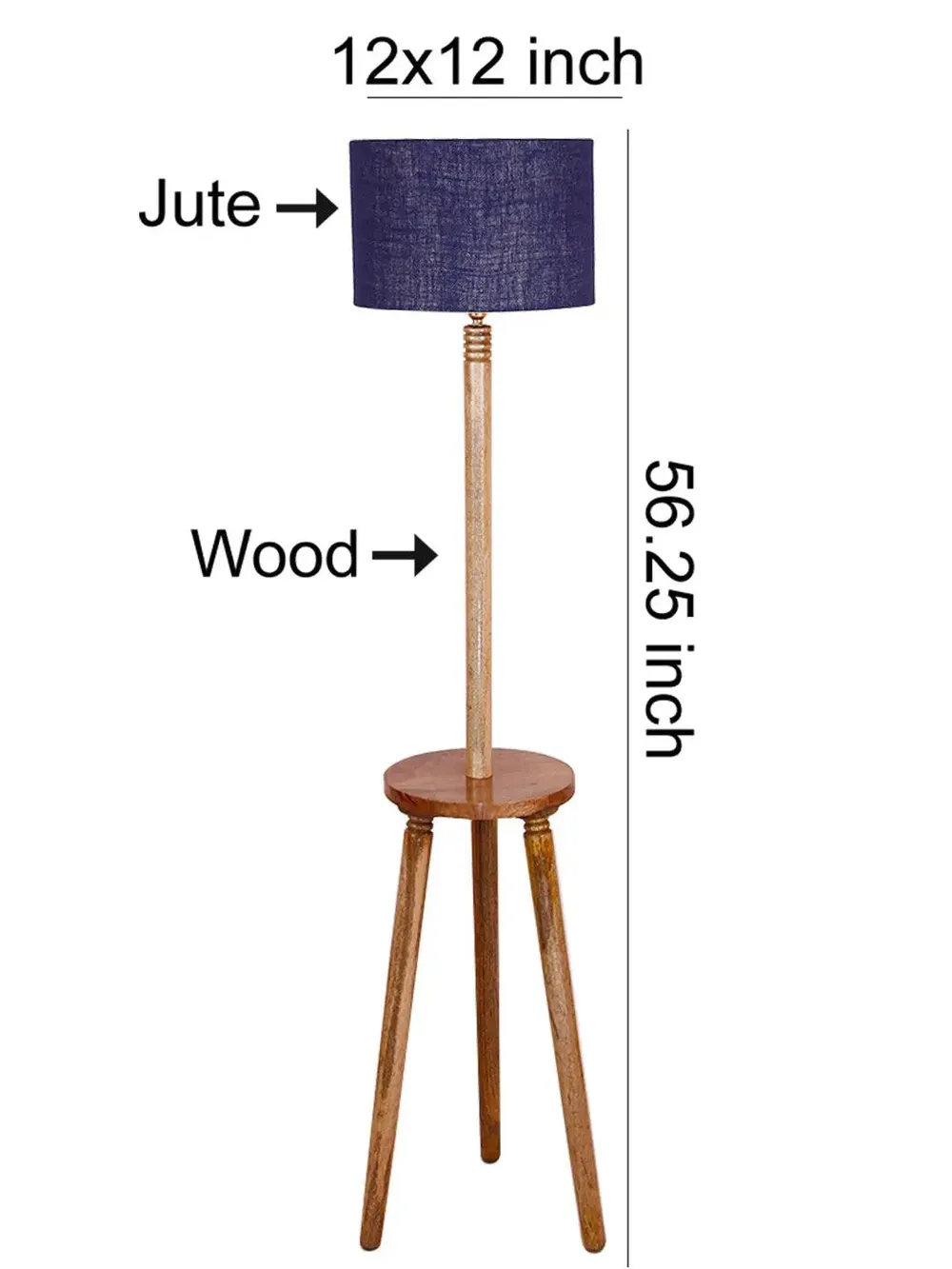 Premium Natural Wood Table Storage Floor Lamp With Drum Shade Blue