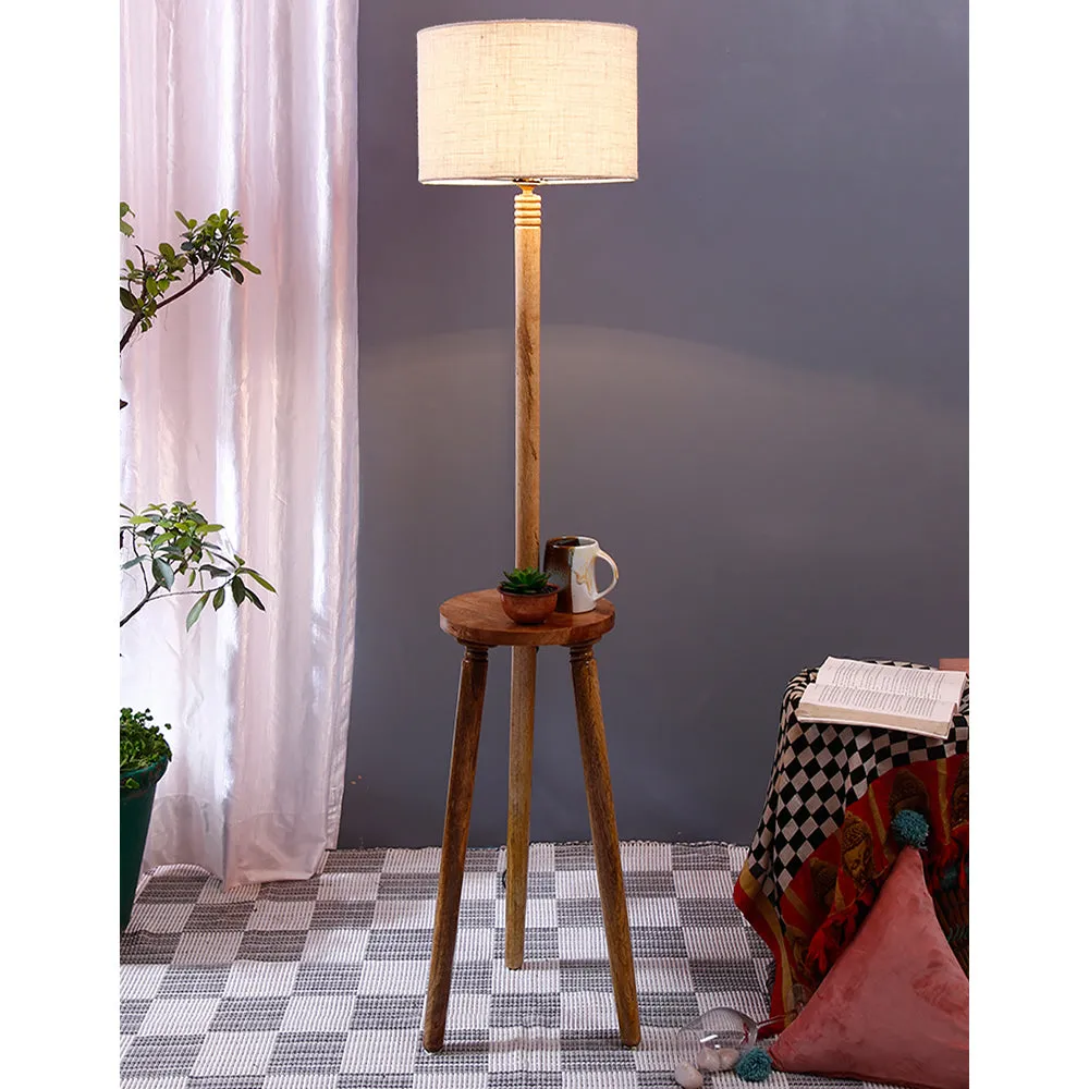 Premium Natural Wood Table Storage Floor Lamp With Drum Shade Blue