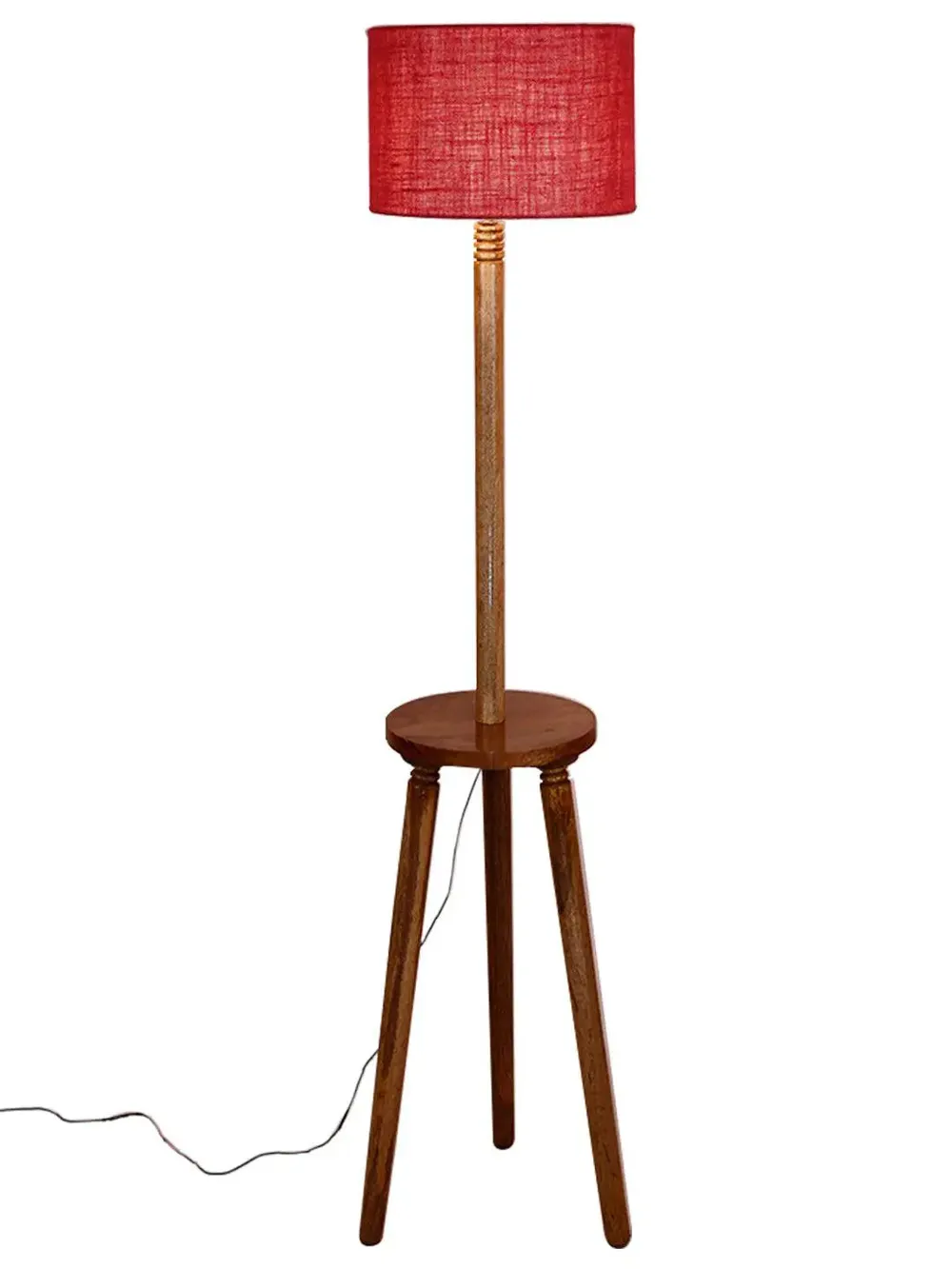 Premium Natural Wood Table Storage Floor Lamp With Drum Shade Blue