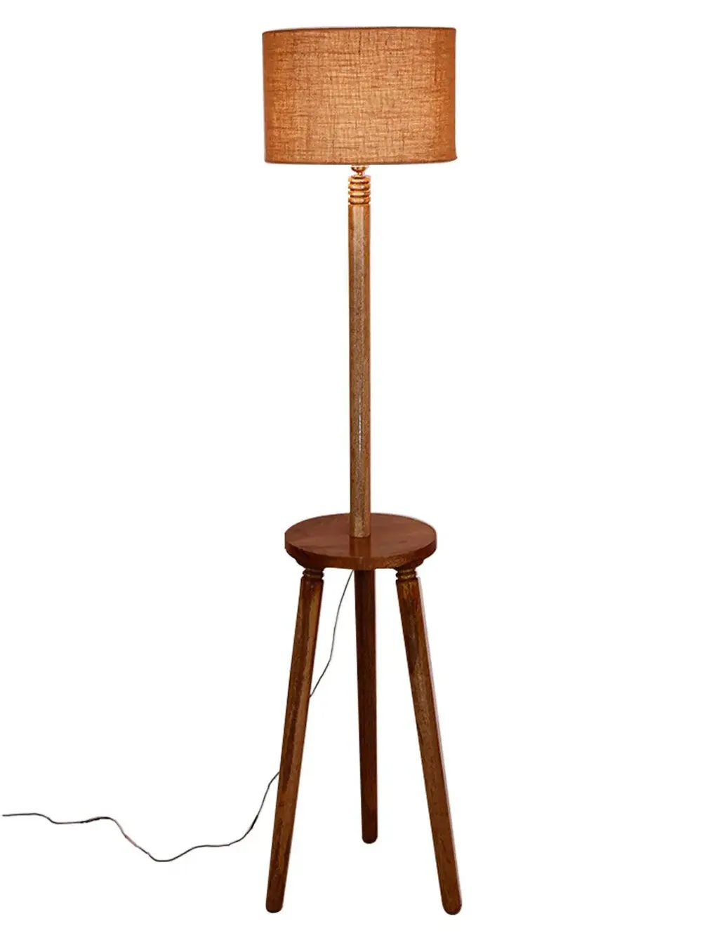 Premium Natural Wood Table Storage Floor Lamp With Drum Shade Blue