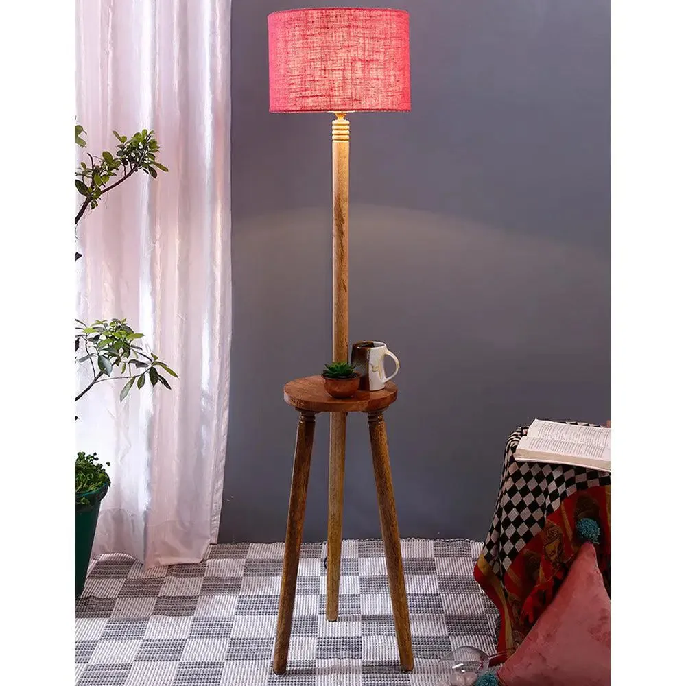 Premium Natural Wood Table Storage Floor Lamp With Drum Shade Blue