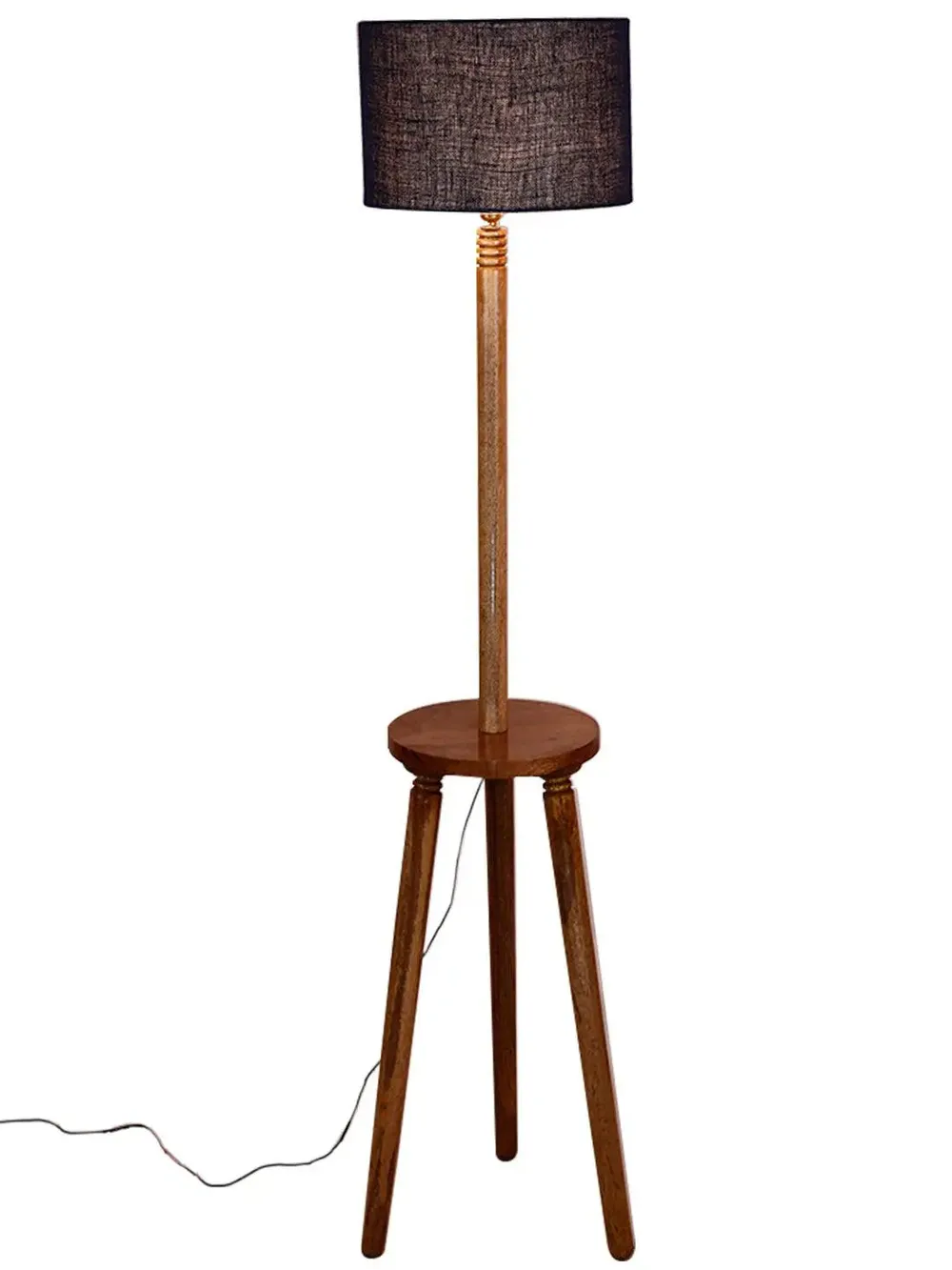 Premium Natural Wood Table Storage Floor Lamp With Drum Shade Blue