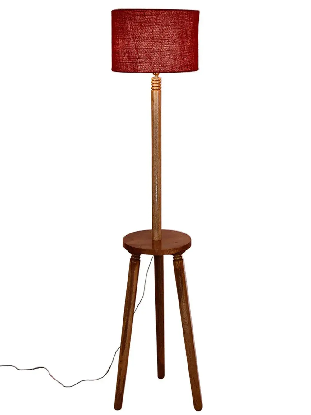 Premium Natural Wood Table Storage Floor Lamp With Drum Shade Blue