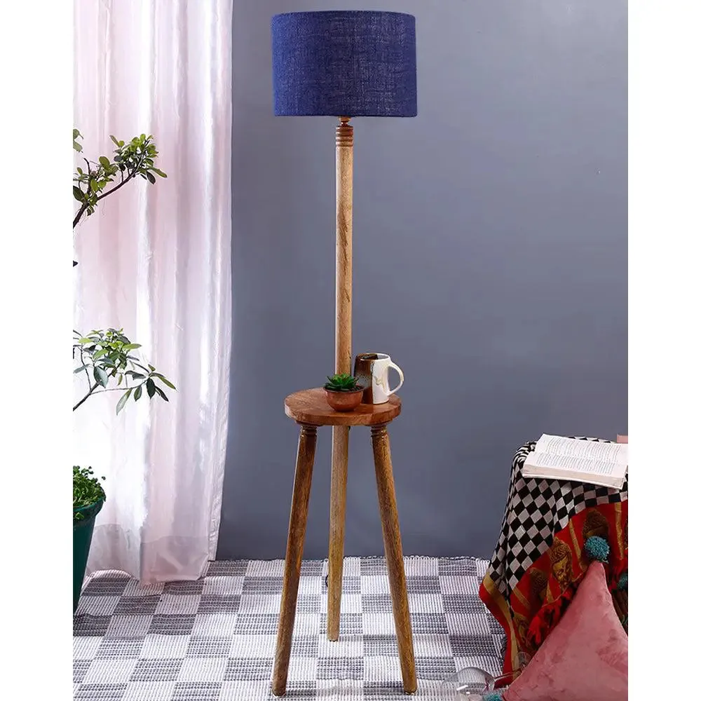 Premium Natural Wood Table Storage Floor Lamp With Drum Shade Blue