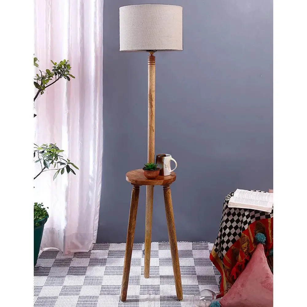 Premium Natural Wood Table Storage Floor Lamp With Drum Shade Blue