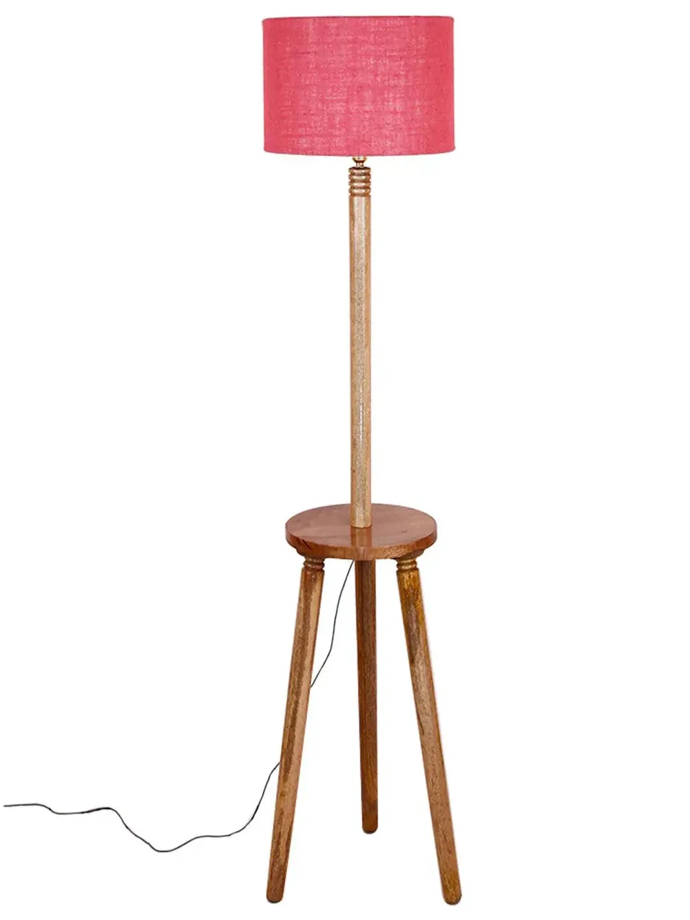 Premium Natural Wood Table Storage Floor Lamp With Drum Shade Blue