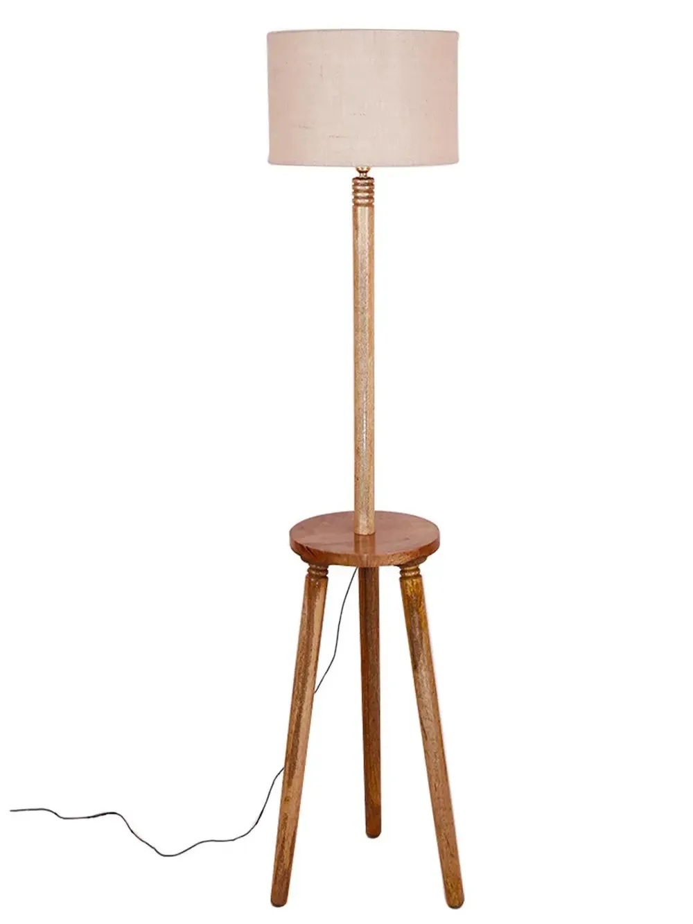 Premium Natural Wood Table Storage Floor Lamp With Drum Shade Blue