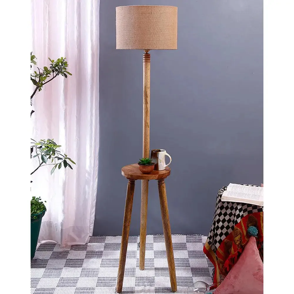 Premium Natural Wood Table Storage Floor Lamp With Drum Shade Blue