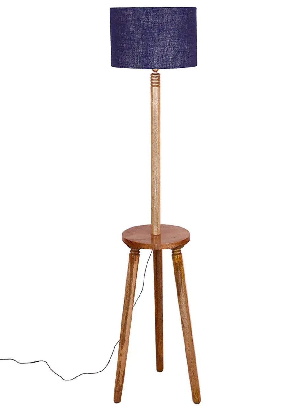 Premium Natural Wood Table Storage Floor Lamp With Drum Shade Blue
