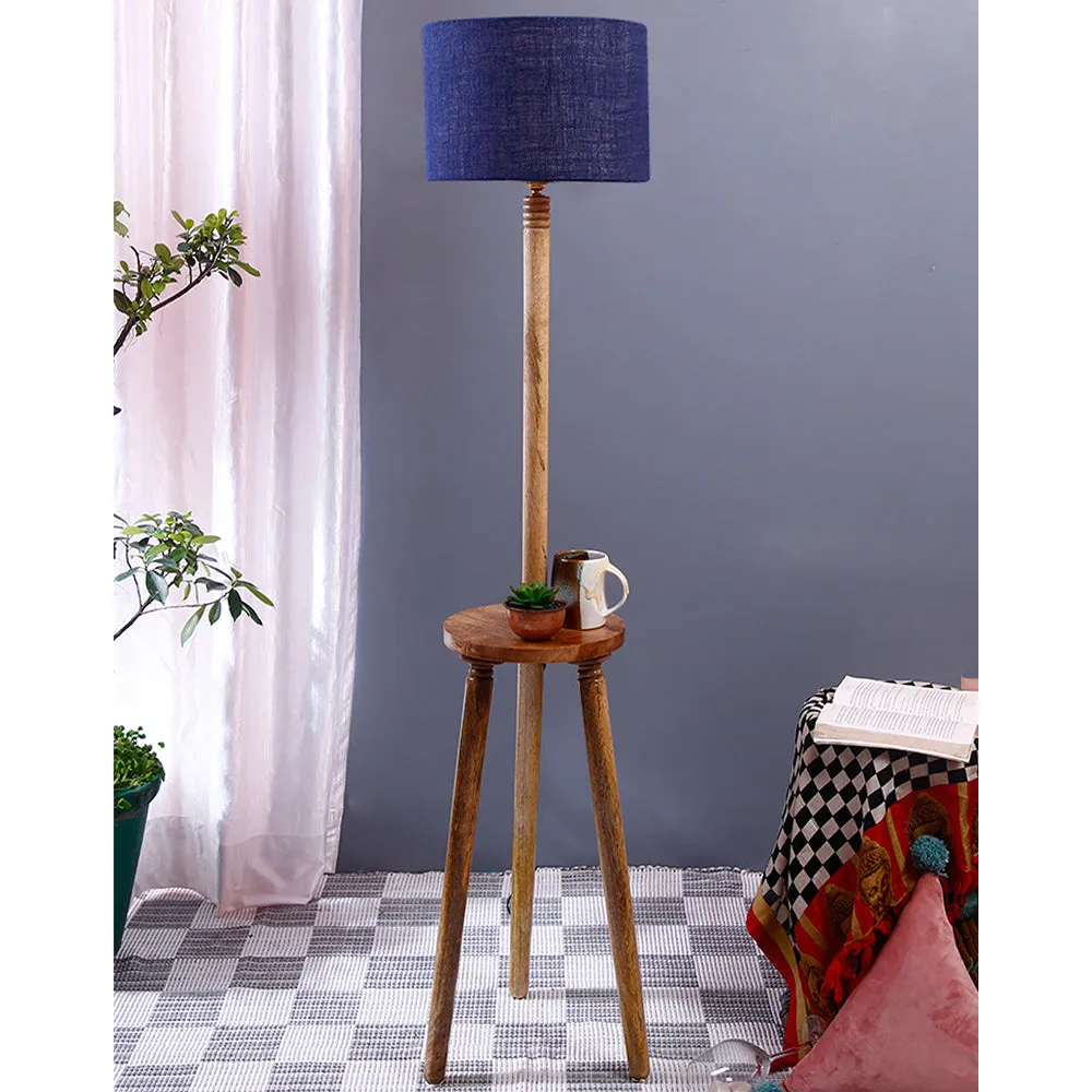 Premium Natural Wood Table Storage Floor Lamp With Drum Shade Blue