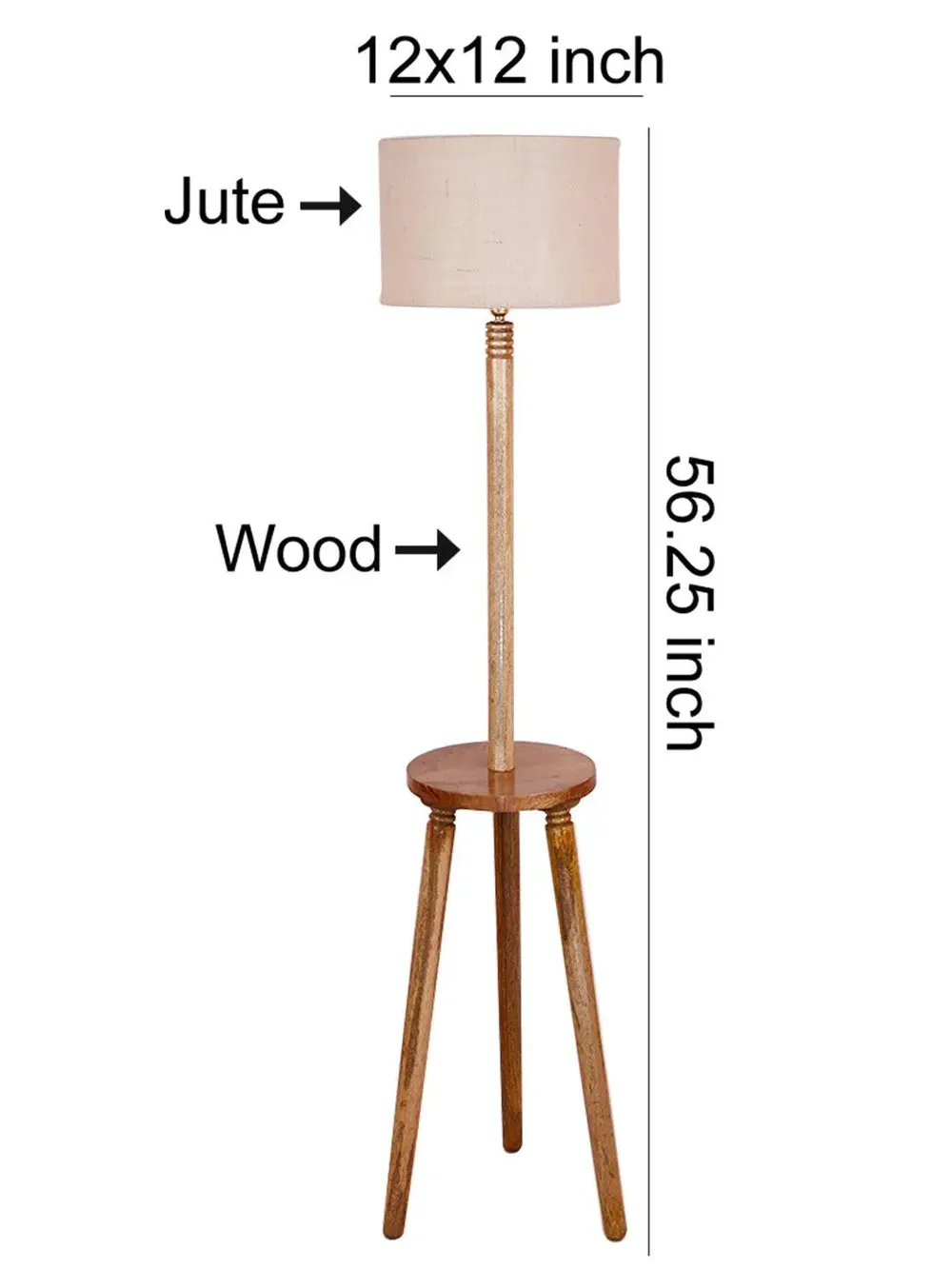 Premium Natural Wood Table Storage Floor Lamp With Drum Shade Blue