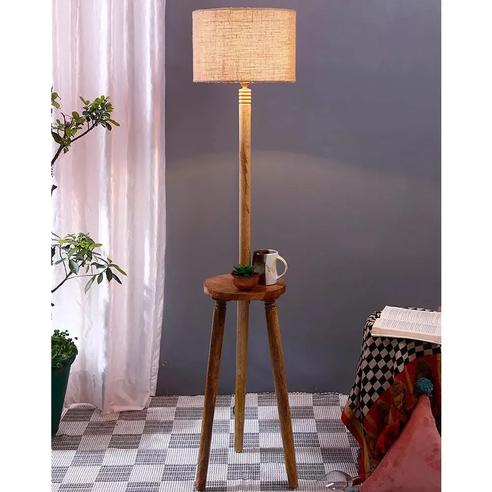 Premium Natural Wood Table Storage Floor Lamp With Drum Shade Blue