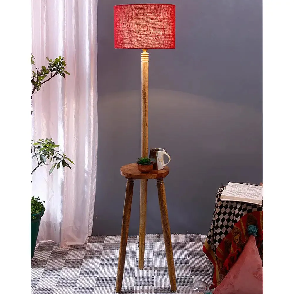 Premium Natural Wood Table Storage Floor Lamp With Drum Shade Blue