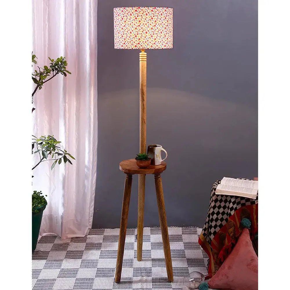 Premium Natural Wood Table Storage Floor Lamp With Multi-color Shade