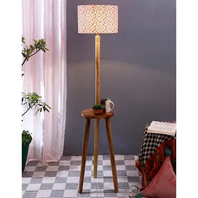 Premium Natural Wood Table Storage Floor Lamp With Multi-color Shade