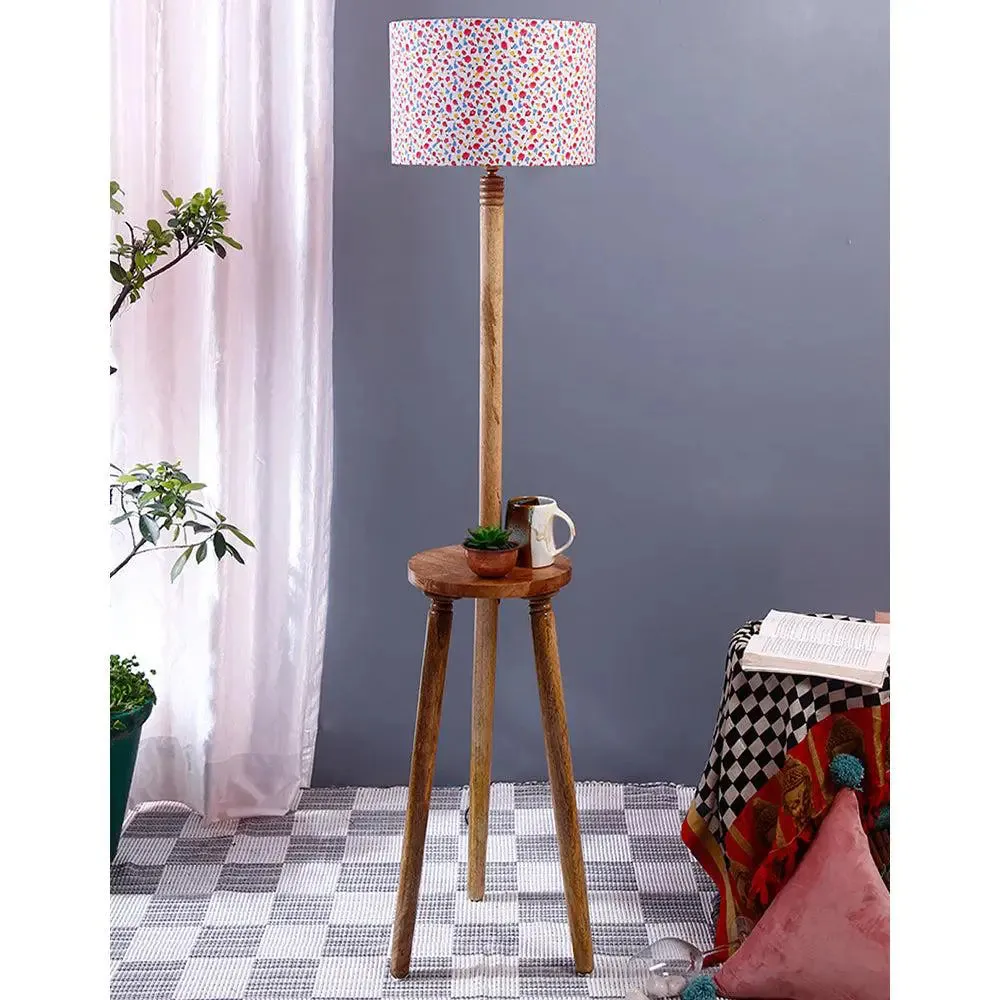 Premium Natural Wood Table Storage Floor Lamp With Multi-color Shade