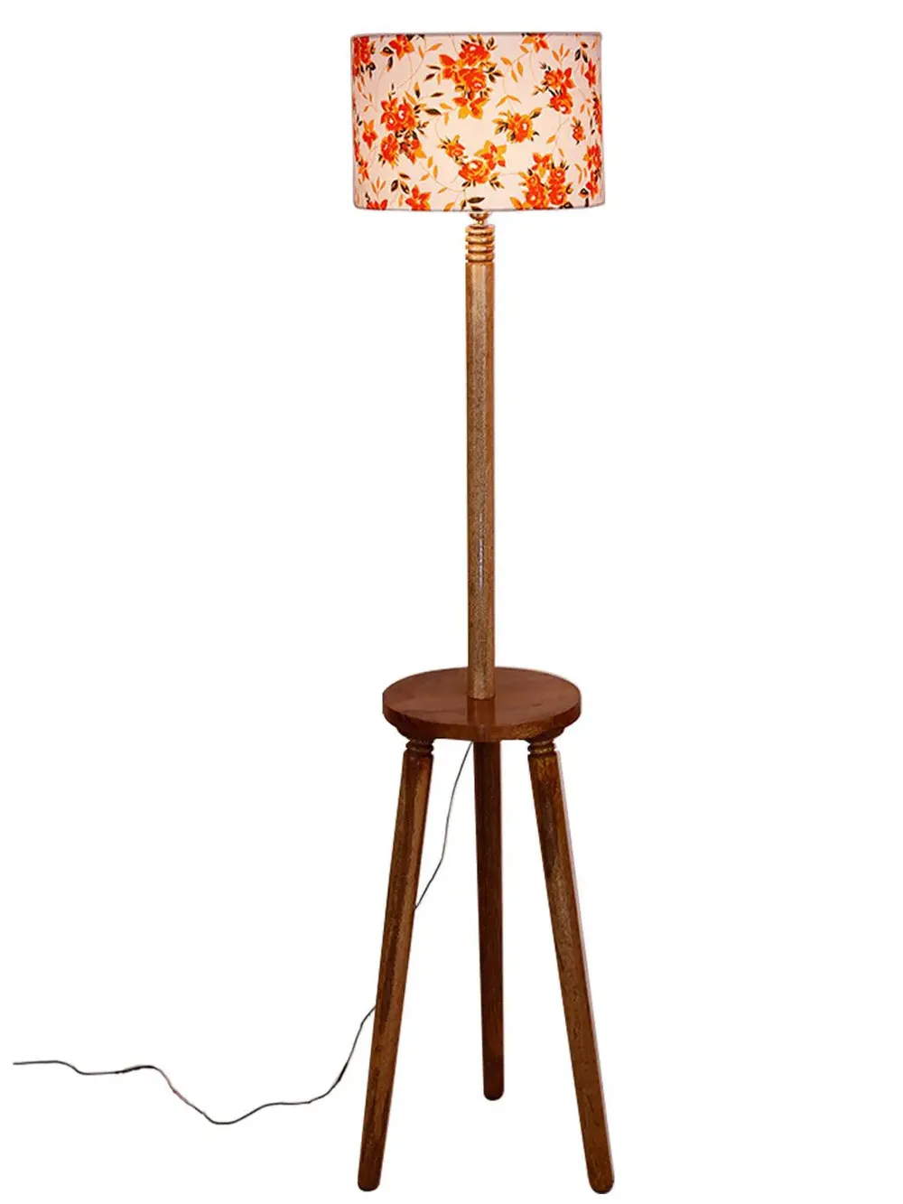 Premium Natural Wood Table Storage Floor Lamp With Orange Shade